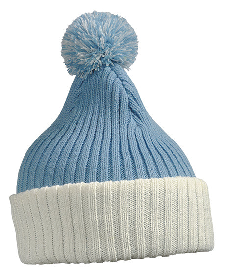 Knitted Cap with pompom - Light Blue/Off White