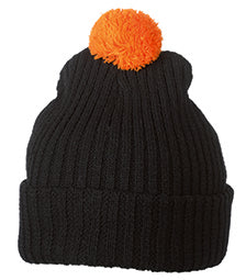 Knitted Cap with pompom - Black/Orange