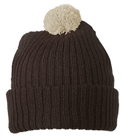 Knitted Cap with pompom - Dark Brown/Khaki