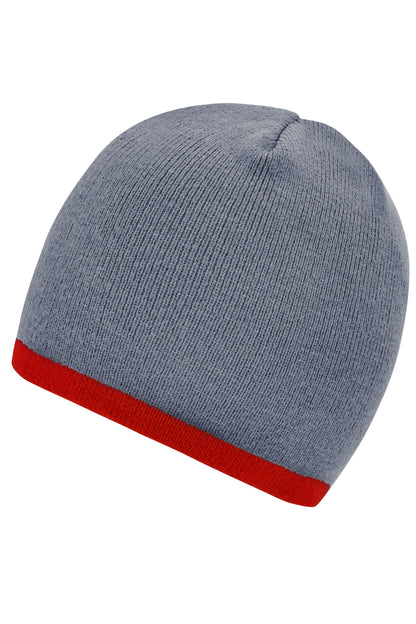 Beanie with contrasting border - Light Grey/Burgundy