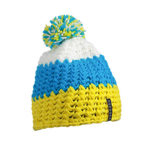 Crocheted Cap With Pompon - Yellow/Pacific/White