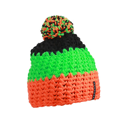 Crocheted Cap With Pompon - Neon-Orange/Neon-Green/Black