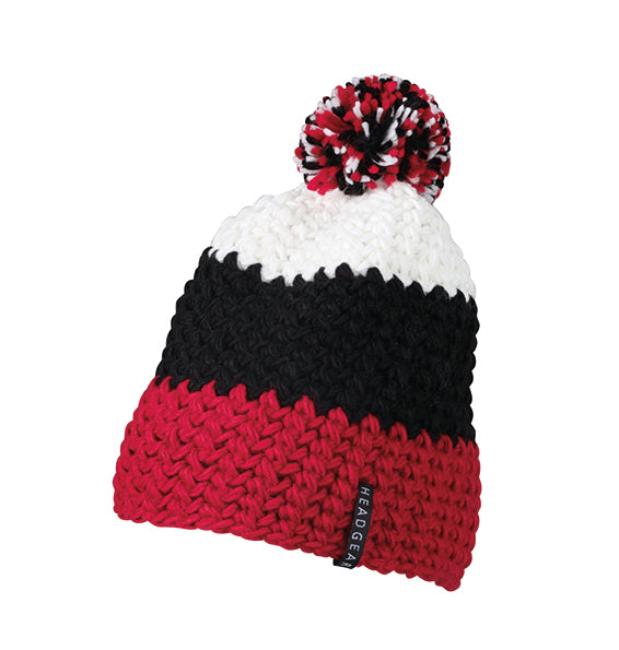 Crocheted Cap With Pompon - Red/Black/White