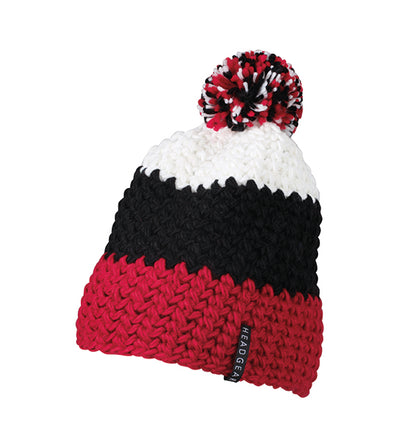 Crocheted Cap With Pompon - Red/Black/White
