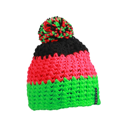 Crocheted Cap With Pompon - Neon-Green/Neon-Pink/Black