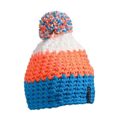 Crocheted Cap With Pompon - Pacific/Neon-Orange/White