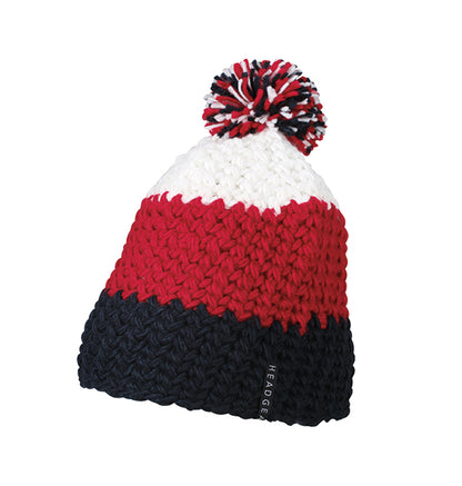 Crocheted Cap With Pompon - Navy/Red/White