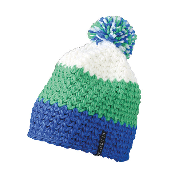 Crocheted Cap With Pompon - Aqua/Limegreen/white
