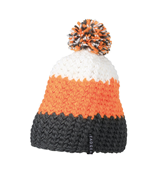Crocheted Cap With Pompon - Carbon/orange/white