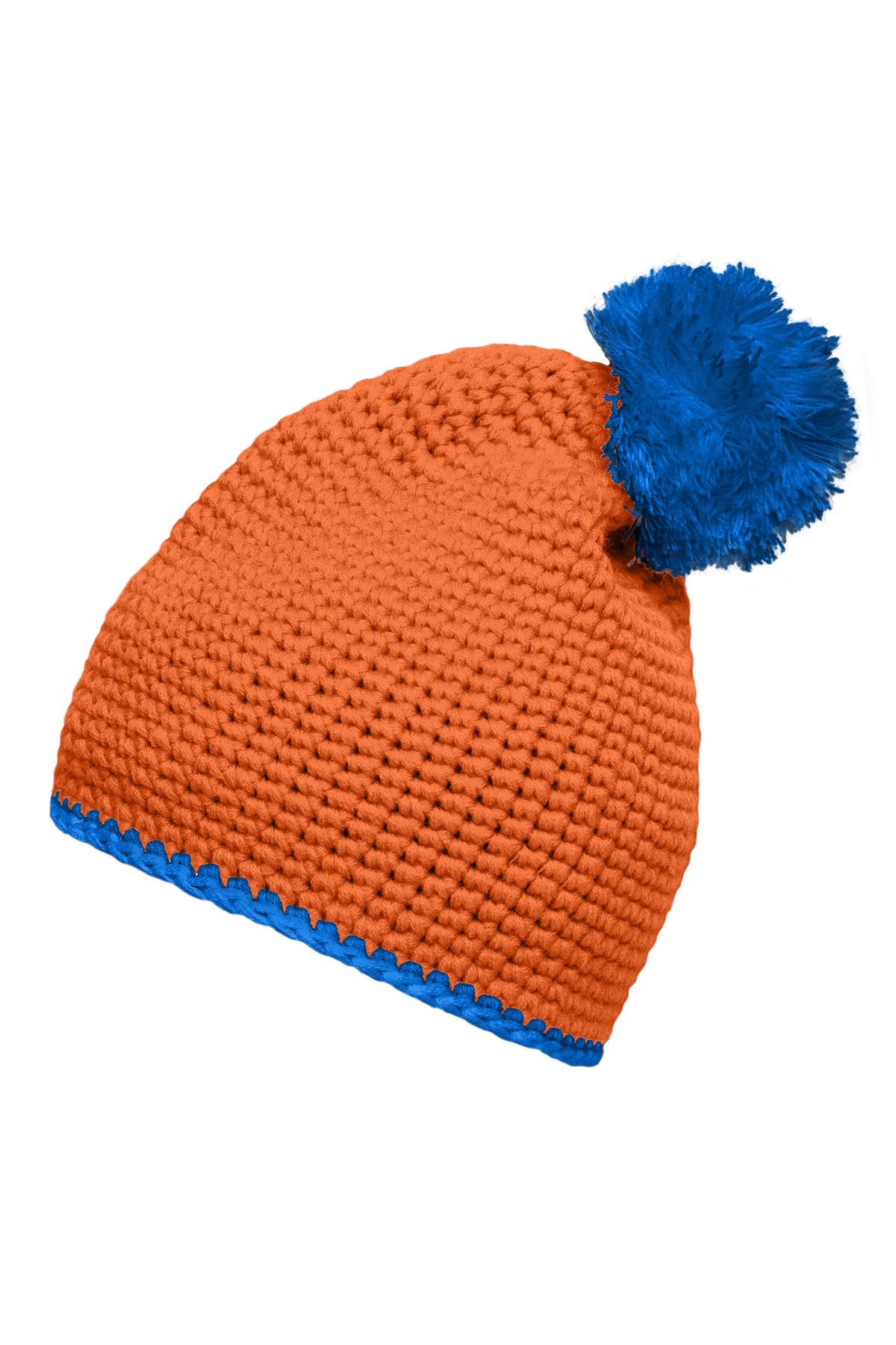 Pompon Hat with contrast strip - Orange/Aqua