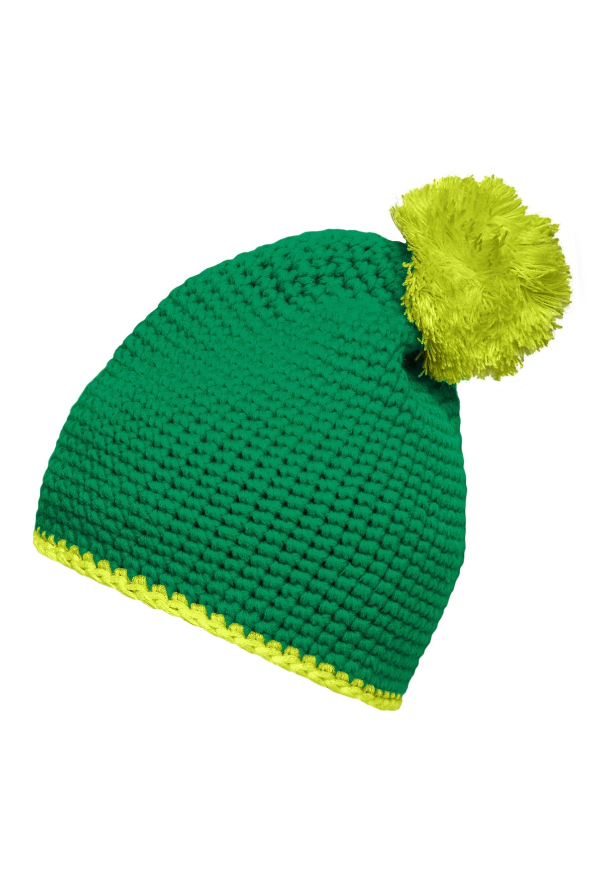 Pompon Hat with contrast strip - Green/Acid-Yellow