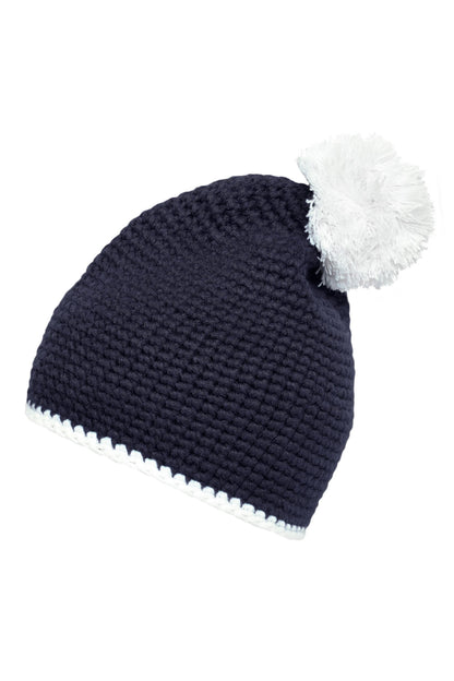 Pompon Hat with contrast strip - Navy/White