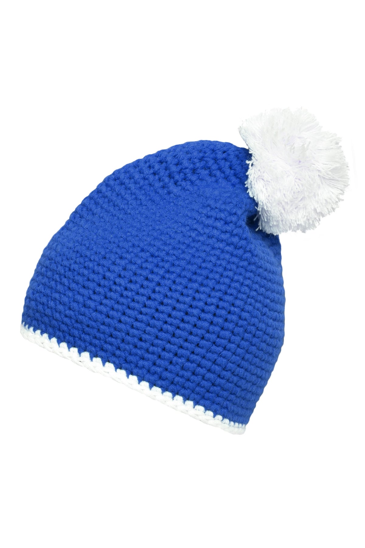 Pompon Hat with contrast strip - Blue/White