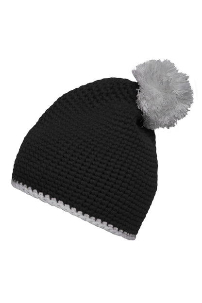 Pompon Hat with contrast strip - Black/Light-Grey