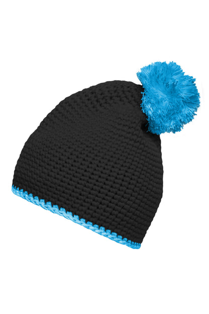 Pompon Hat with contrast strip - Black/turquoise