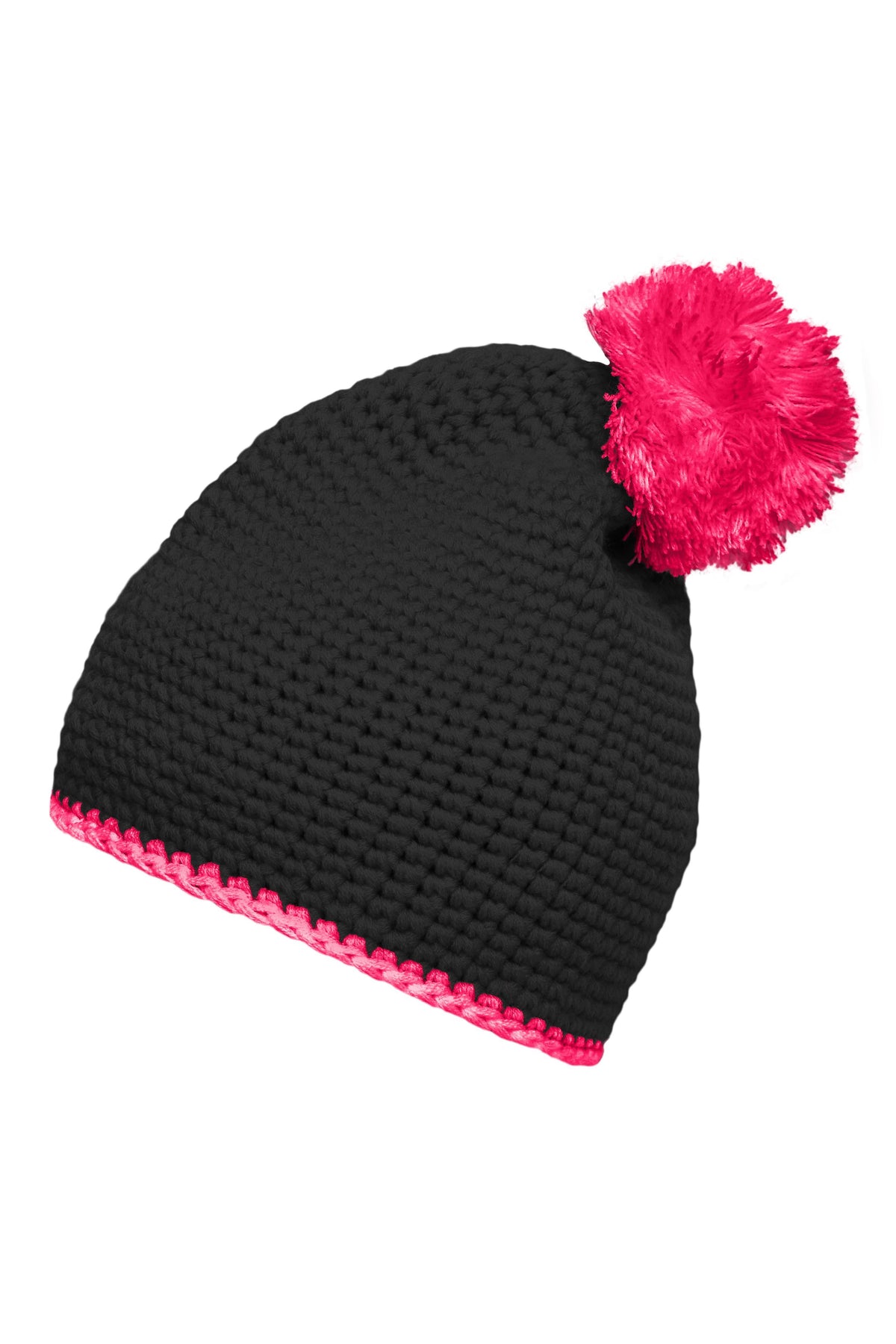 Pompon Hat with contrast strip - Black/Pink