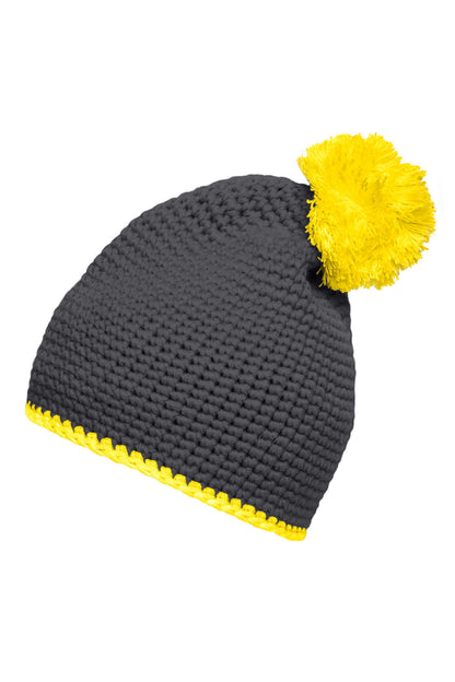 Pompon Hat with contrast strip - Carbon/Yellow