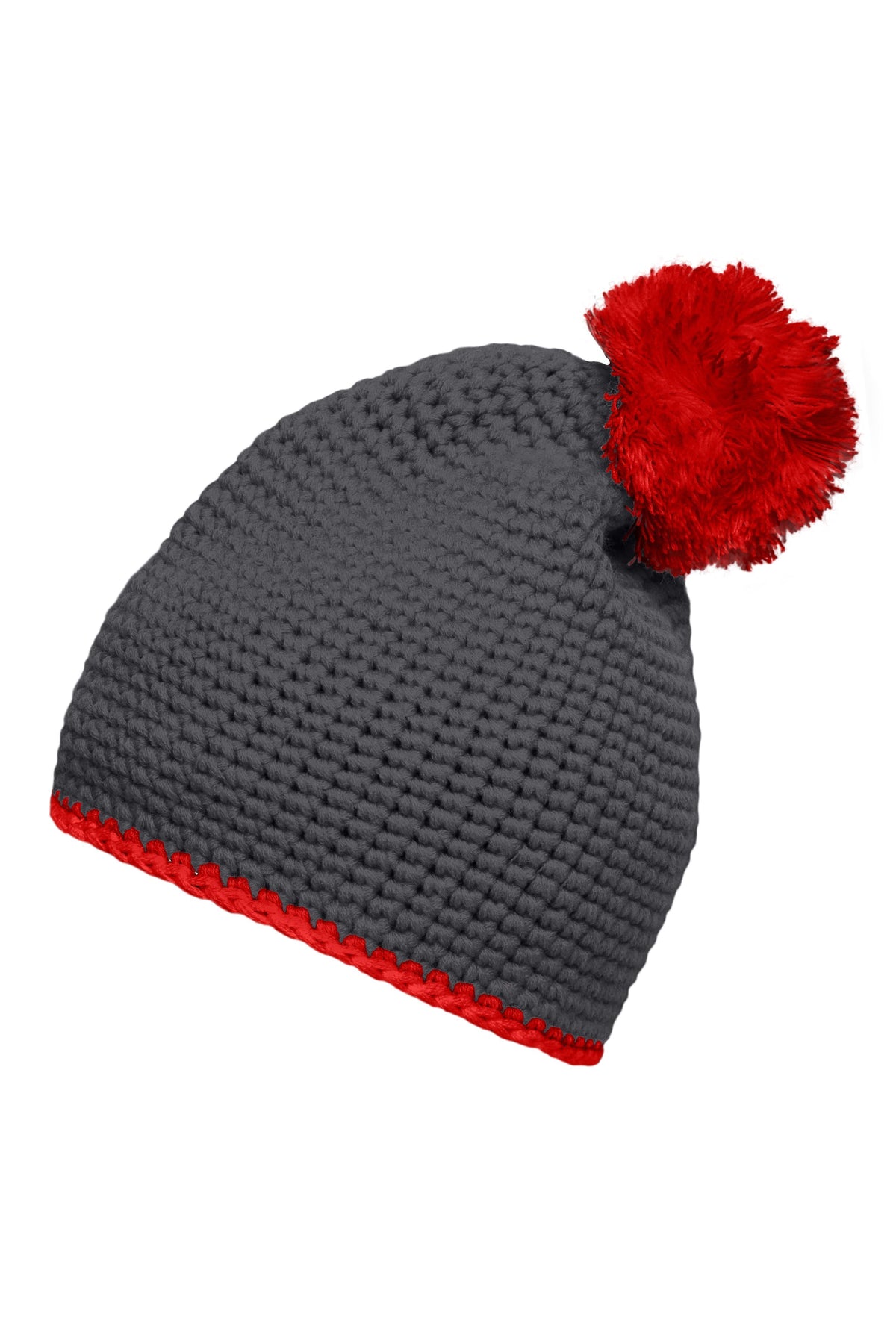 Pompon Hat with contrast strip - Carbon/Red